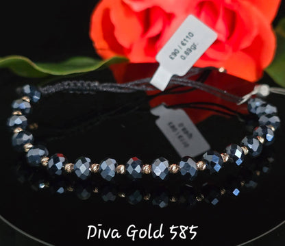 black thread bracelet with 585 gold details / blue beads