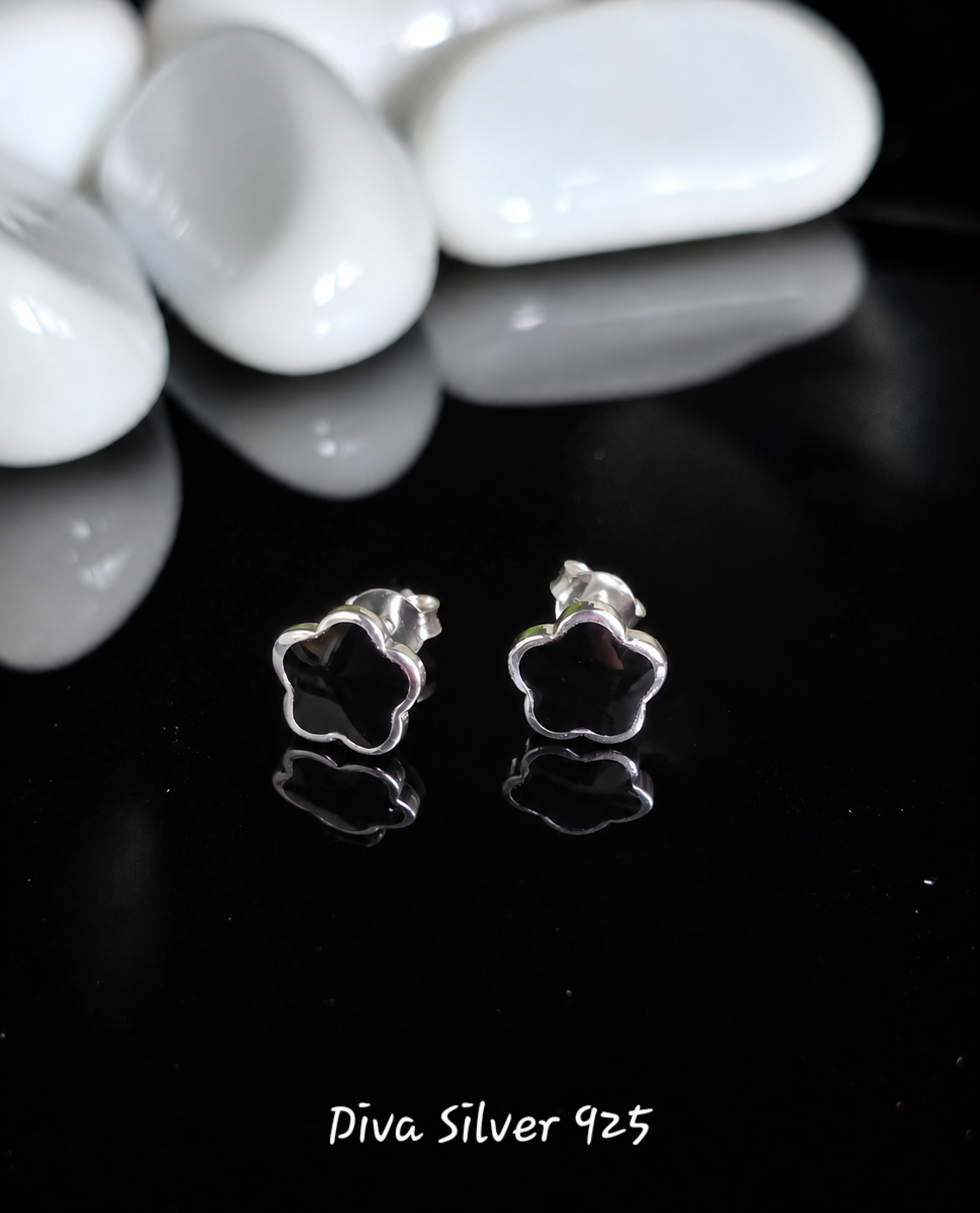 Sterling Silver Black Flower Women Stud Earrings