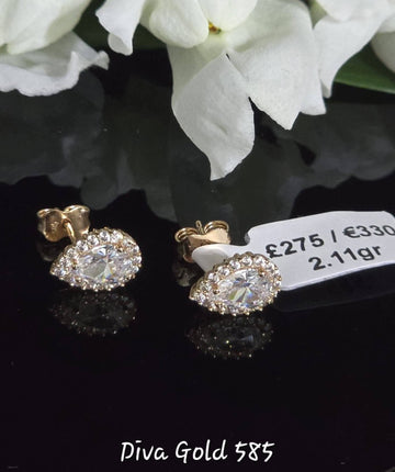 Stud gold earrings / white zircon stones