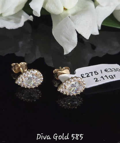 Stud gold earrings / white zircon stones