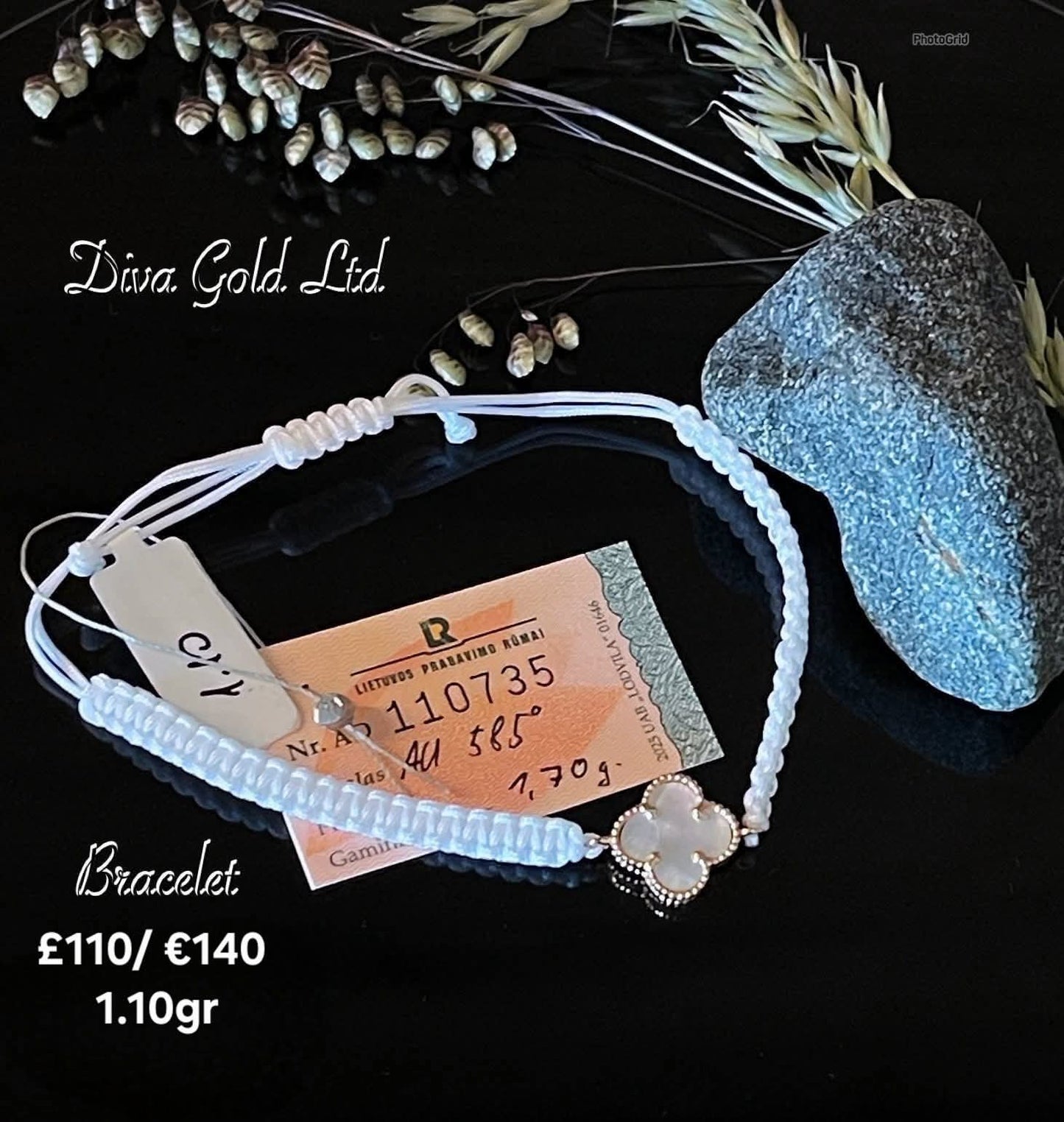 White clover thread bracelet with gold details.