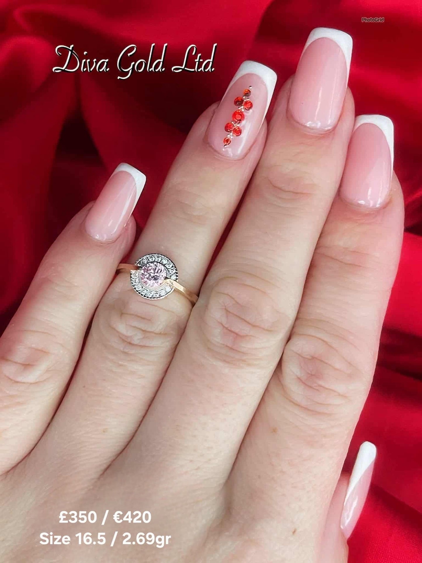 Gold women ring. White & Pink zircon stones. Size 16.5