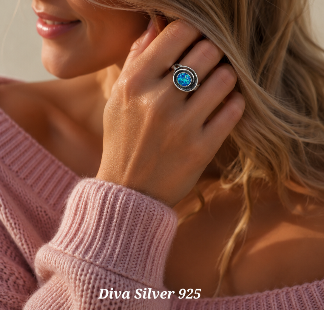 Sterling Silver Round Blue Ring