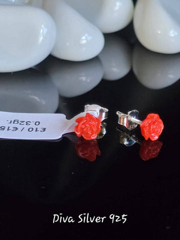Sterling Silver Red Rose Stud Earrings