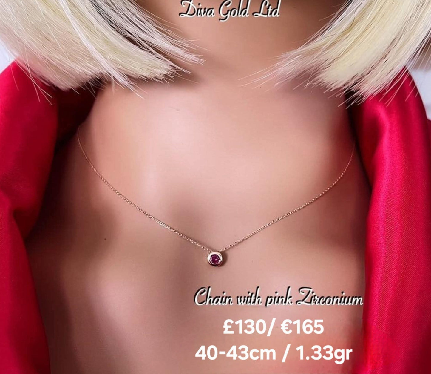 Gold chain with pink zircon stone pendant. 40-43cm