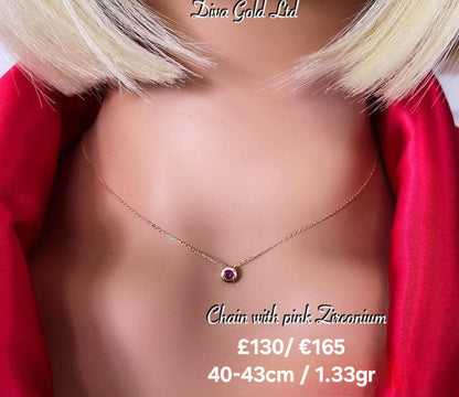 Gold chain with pink zircon stone pendant. 40-43cm