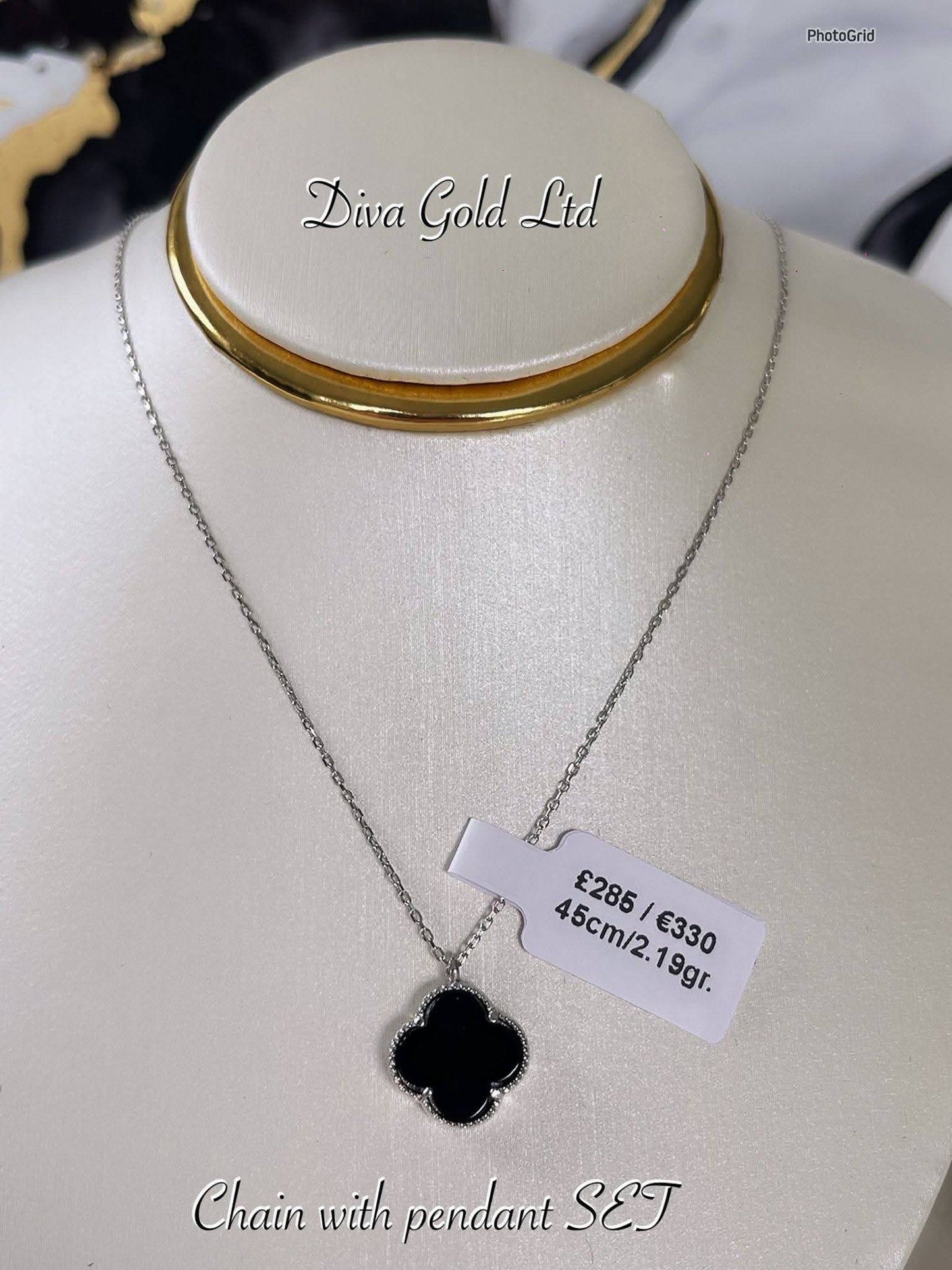 White Gold Chain with black clover pendant. 45cm