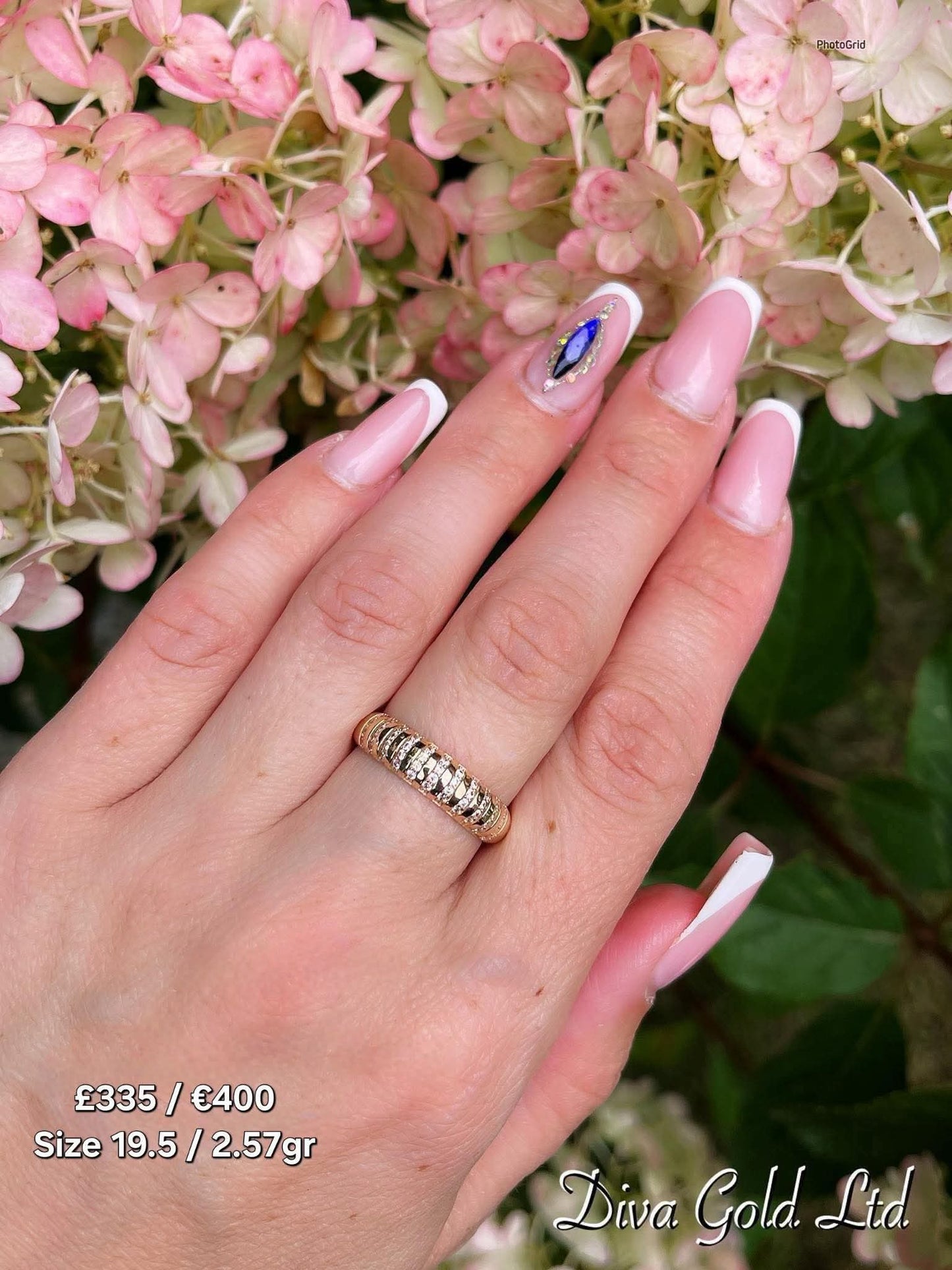 Gold women Ring with white zircon stones. Size 19.5