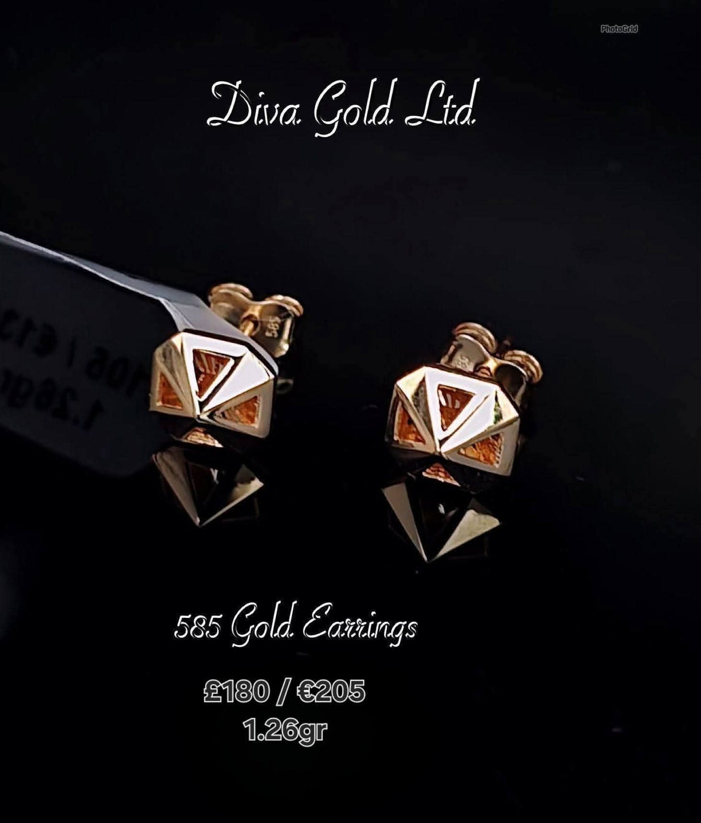 Stud gold earrings.