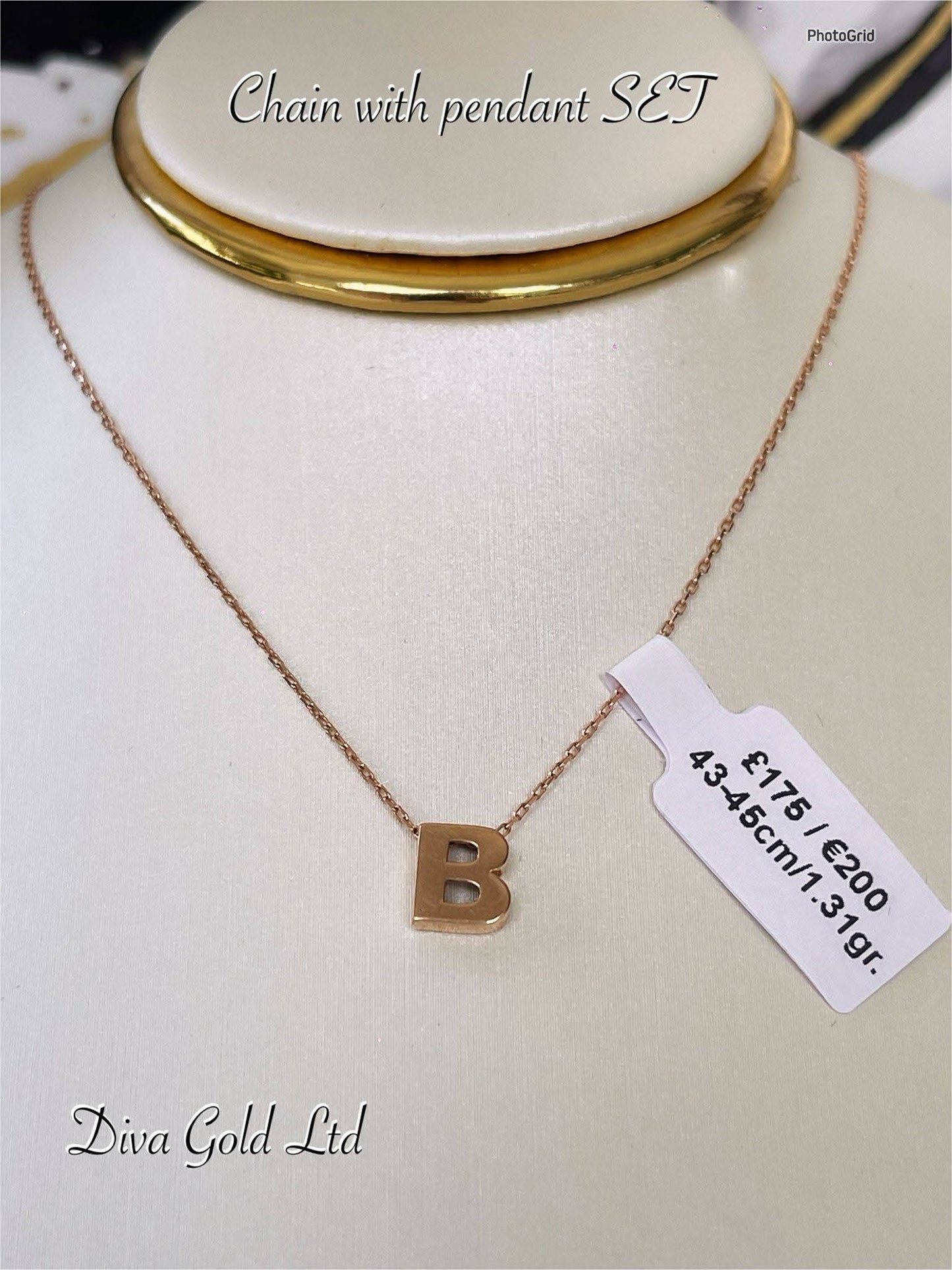 Gold Chain with letter B pendant. 40-43cm