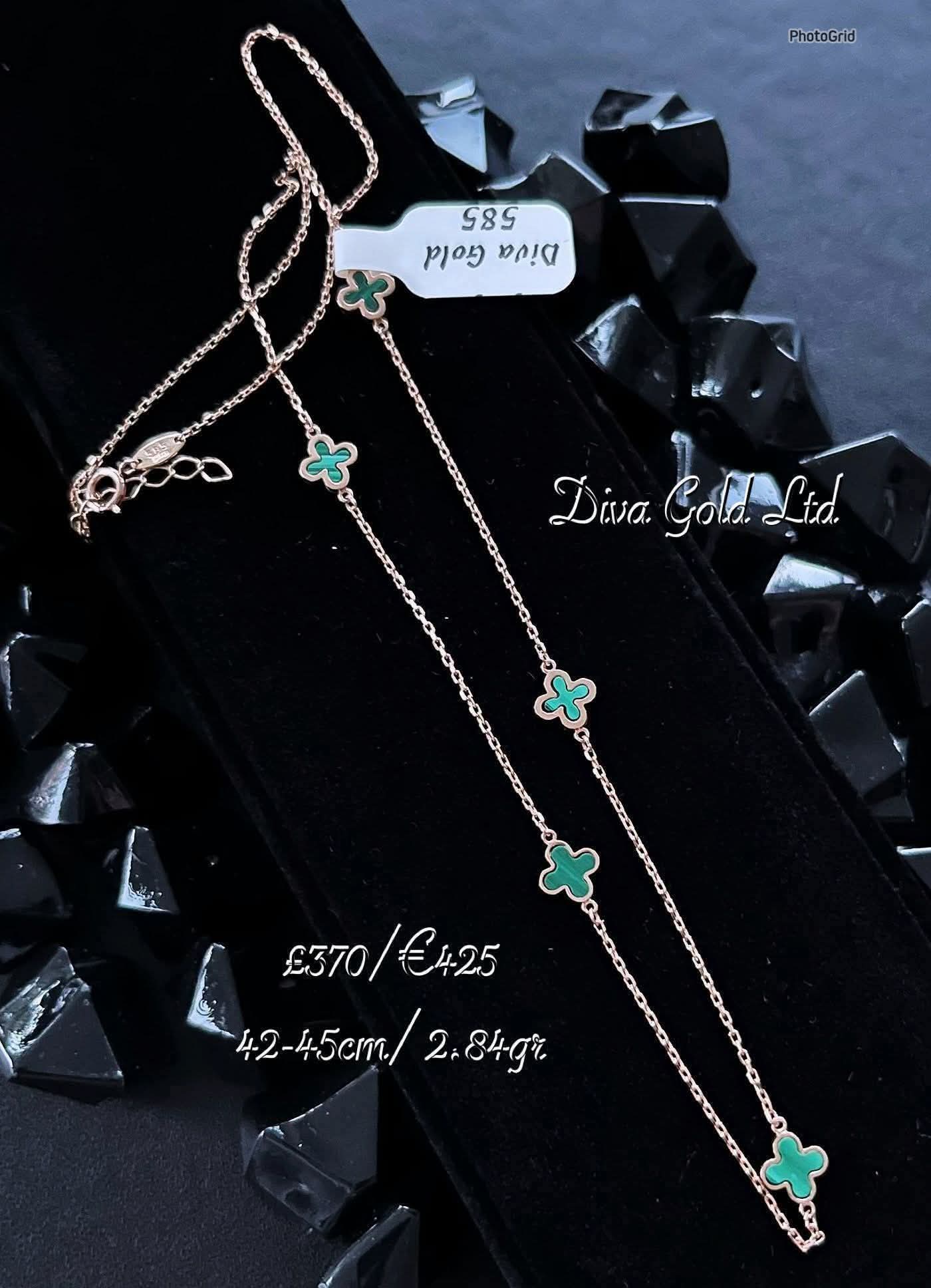 Gold Chain with green clovers pendants. 42-45cm