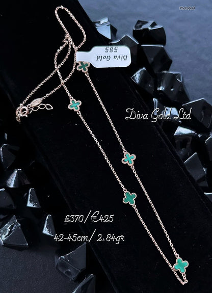 Gold Chain with green clovers pendants. 42-45cm