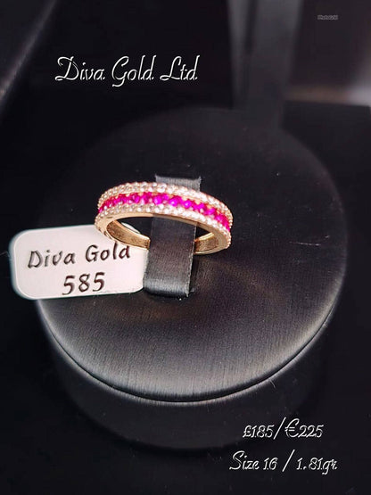 Gold ring with white & pink zircon stones.  Size 16