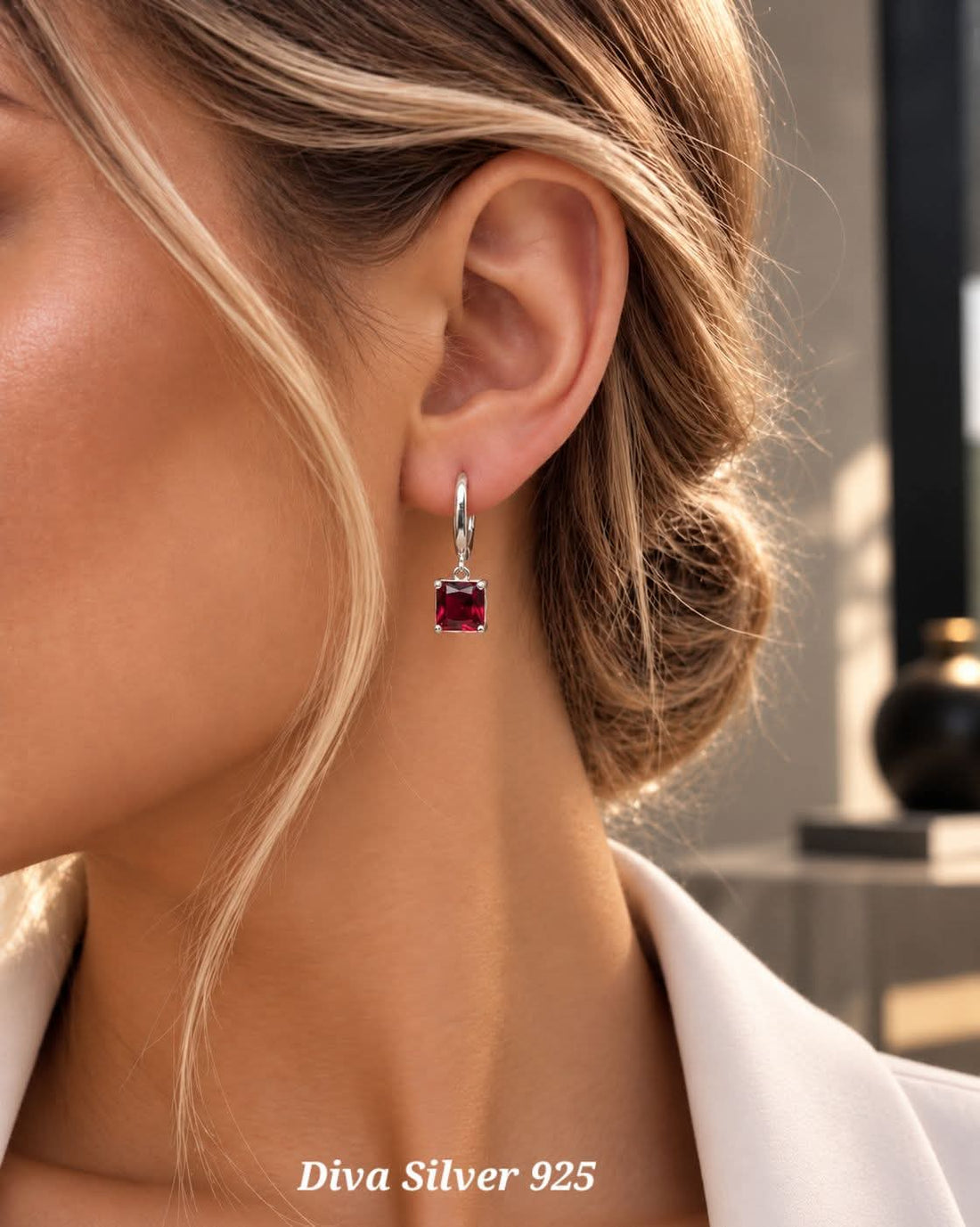 Sterling Silver Solid Red Women Earrings