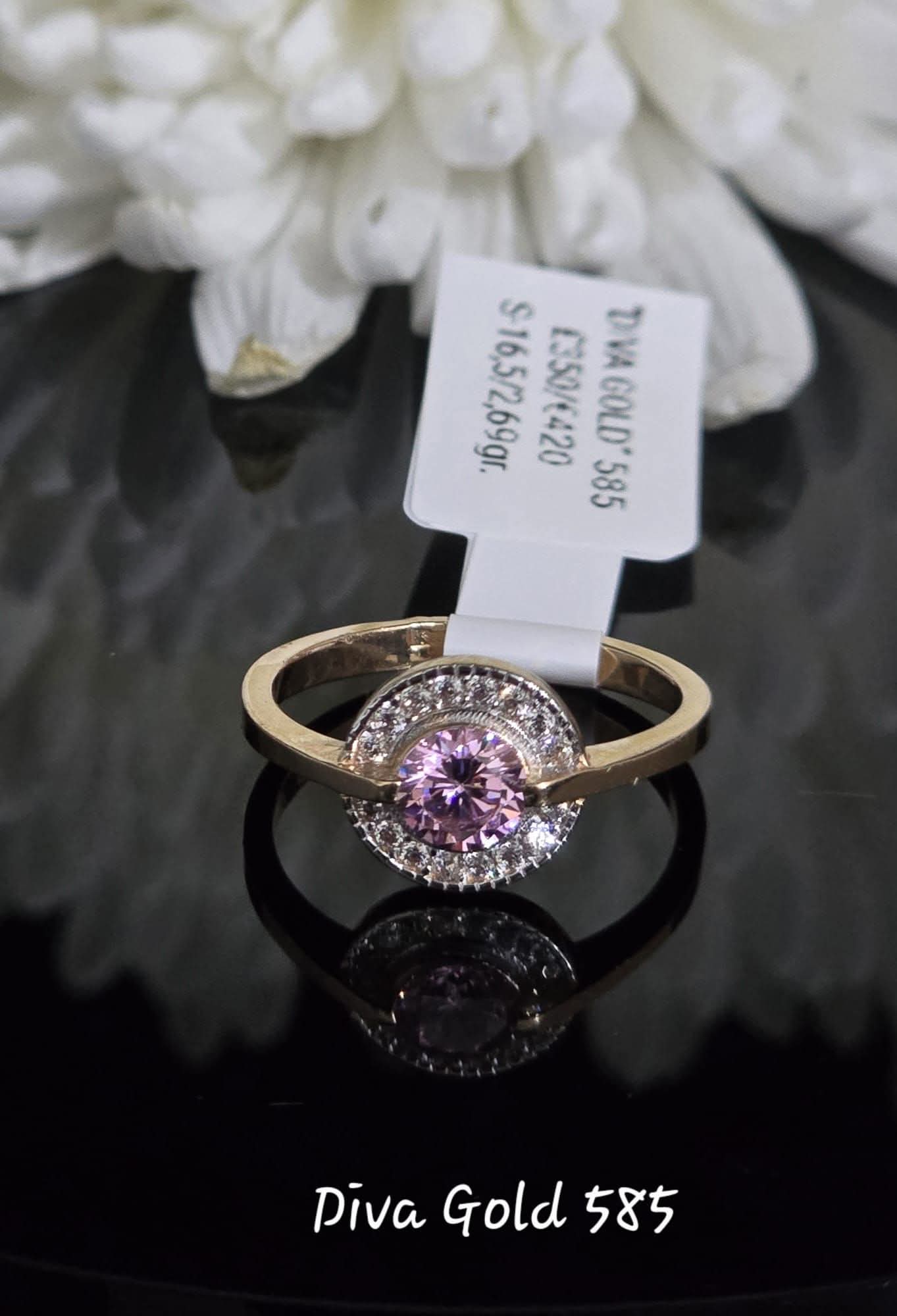 Gold women ring. White & Pink zircon stones. Size 16.5