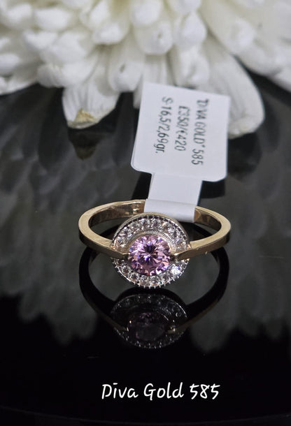 Gold women ring. White & Pink zircon stones. Size 16.5