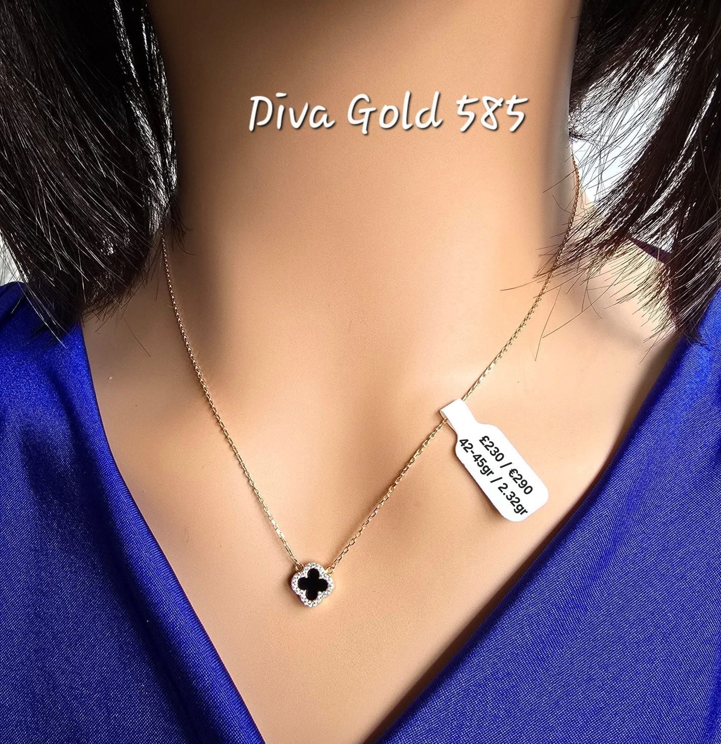 Gold chain with black pendant clover and white zircon stones. 42-45cm