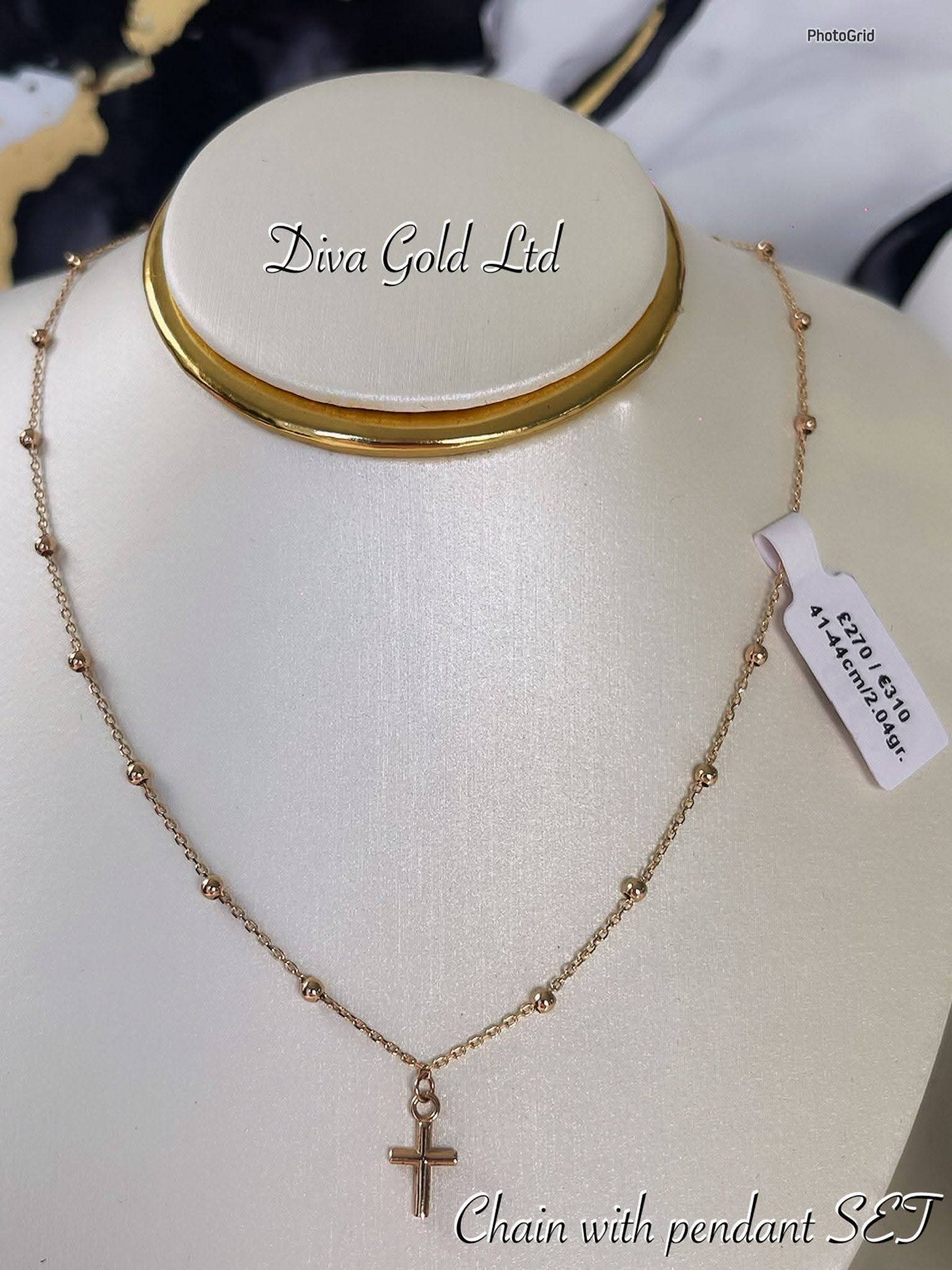 Gold Chain with cross pendant. 41-44cm
