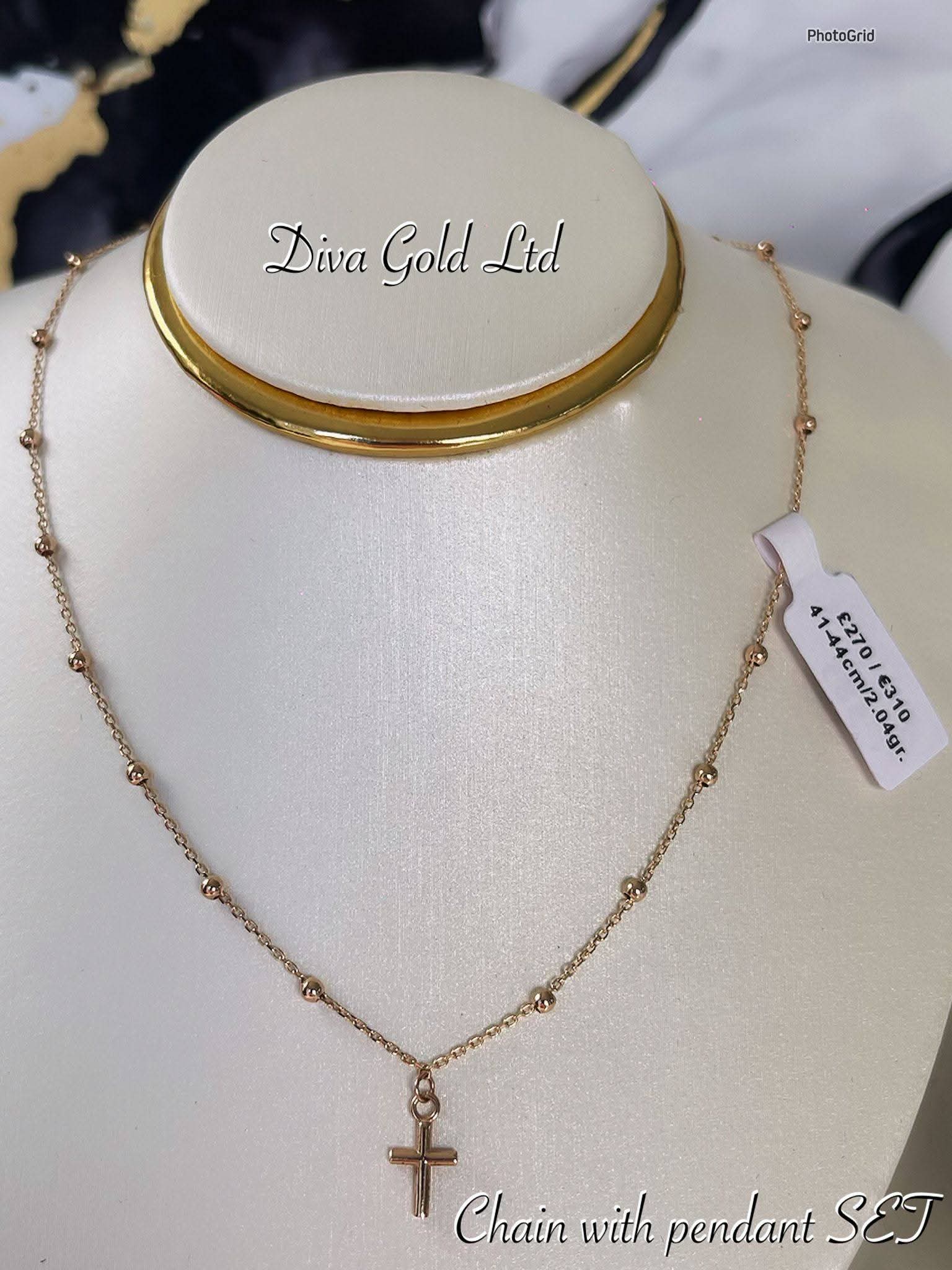 Gold Chain with cross pendant. 41-44cm
