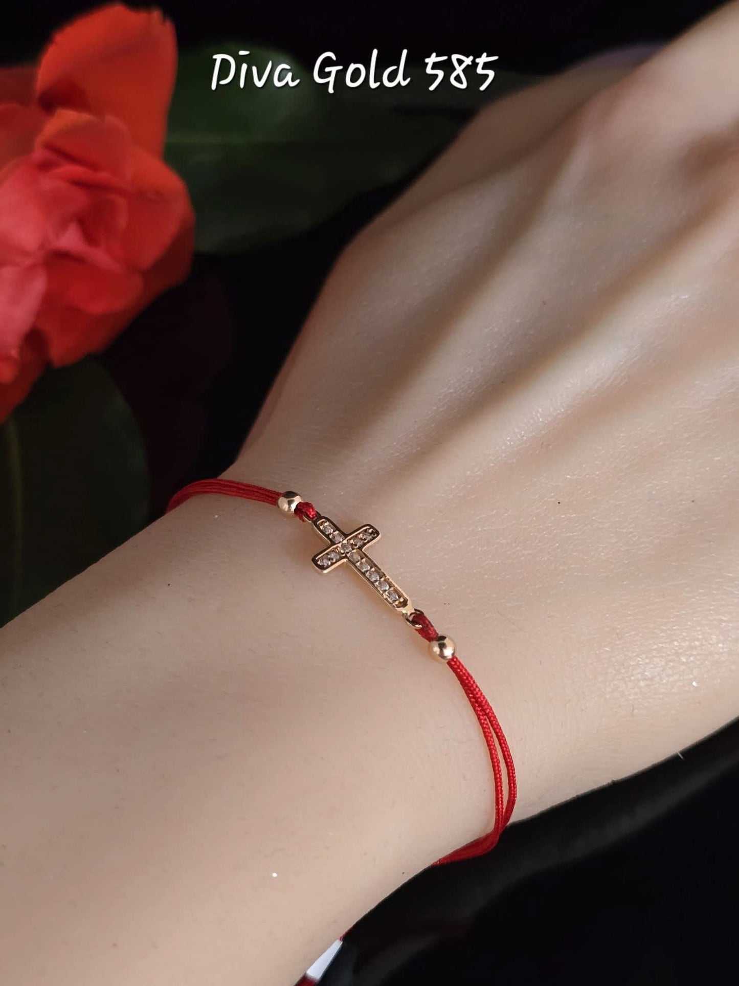 red thread bracelets with 585 gold cross / white zircon stones