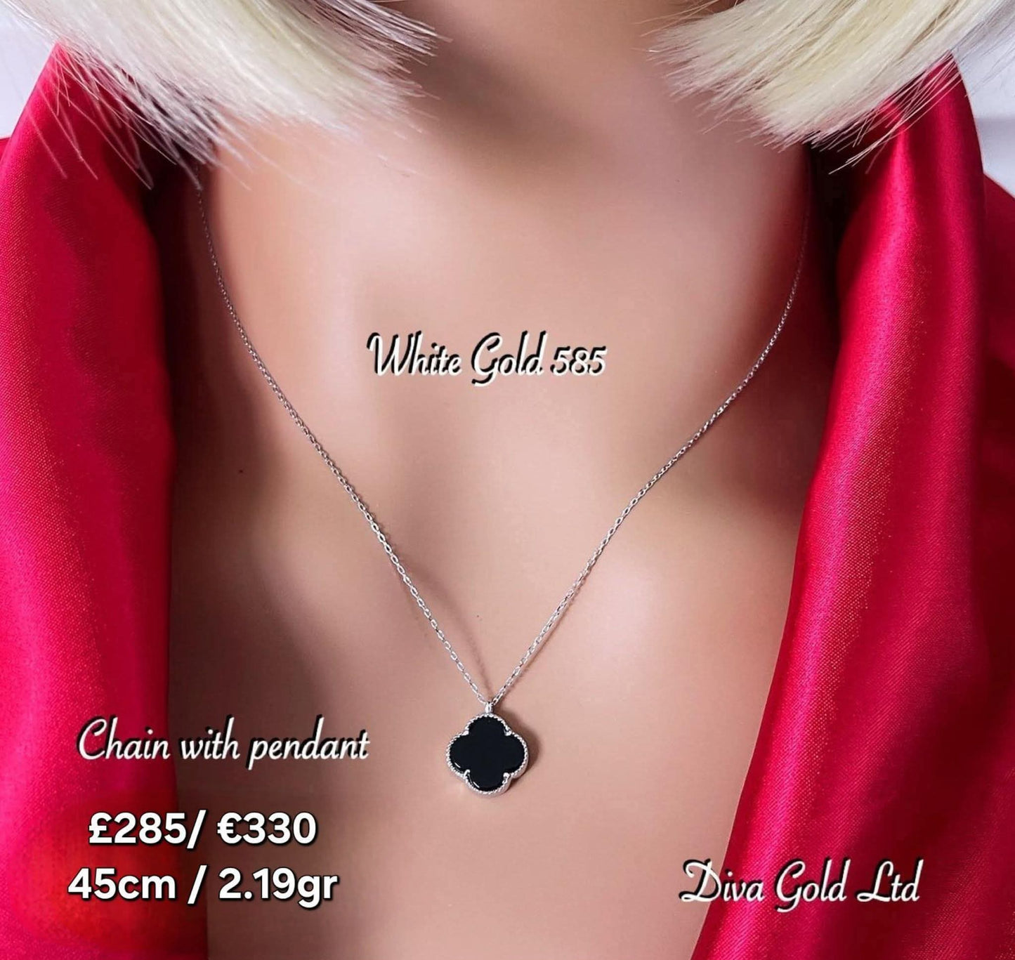 White Gold Chain with black clover pendant. 45cm