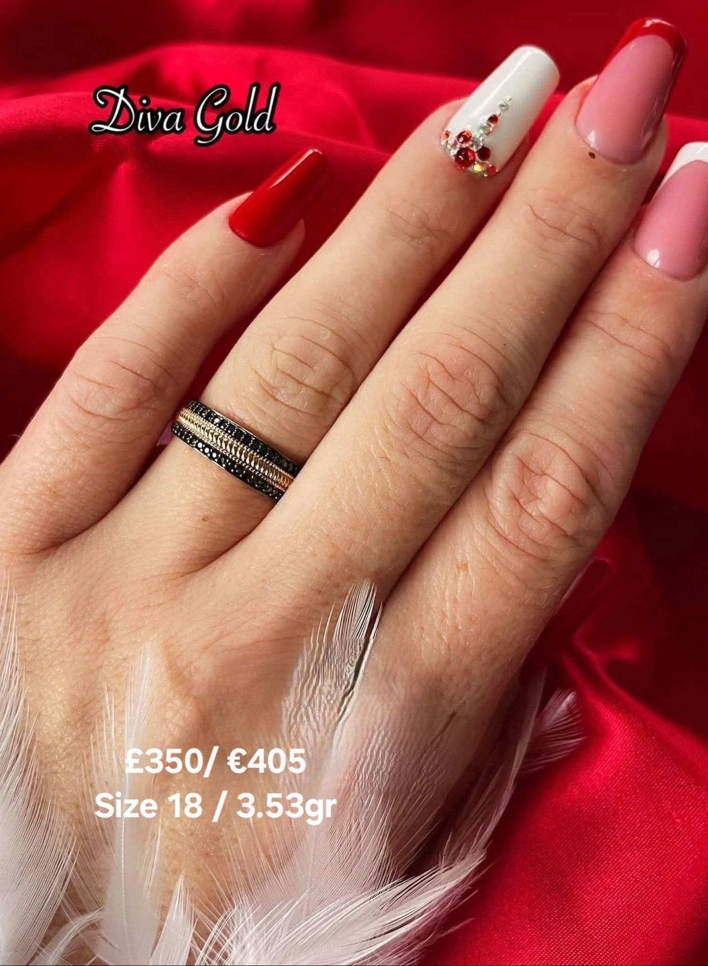 Gold ring with black zircon stones. Size 18