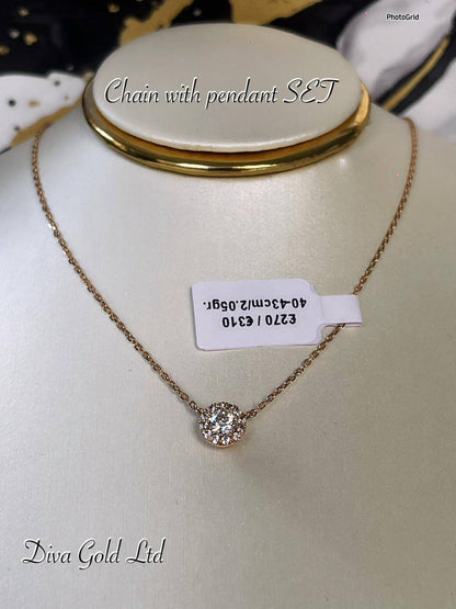 Gold Chain with pendant / white zircon stones. 40-43cm