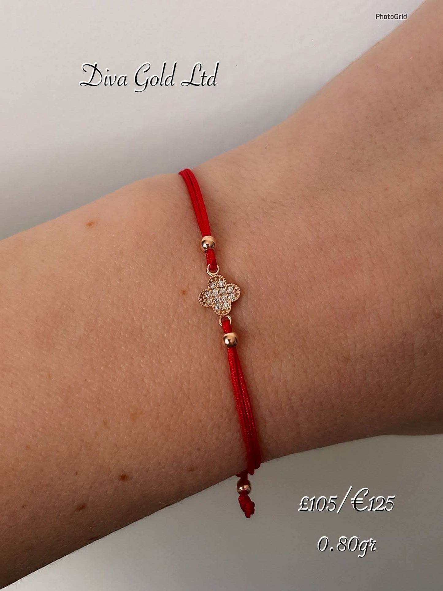 Red thread bracelet with 585 gold details. 0.80gram