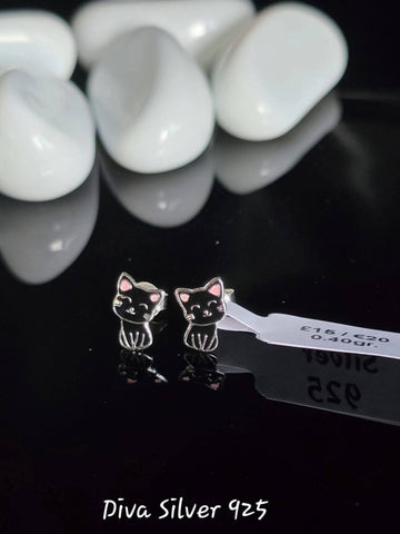 Sterling Silver Cute Black Cat Stud Earrings for Kids