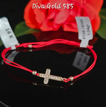 red thread bracelets with 585 gold cross / white zircon stones