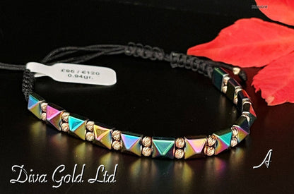 Colored thread bracelet with gold details.