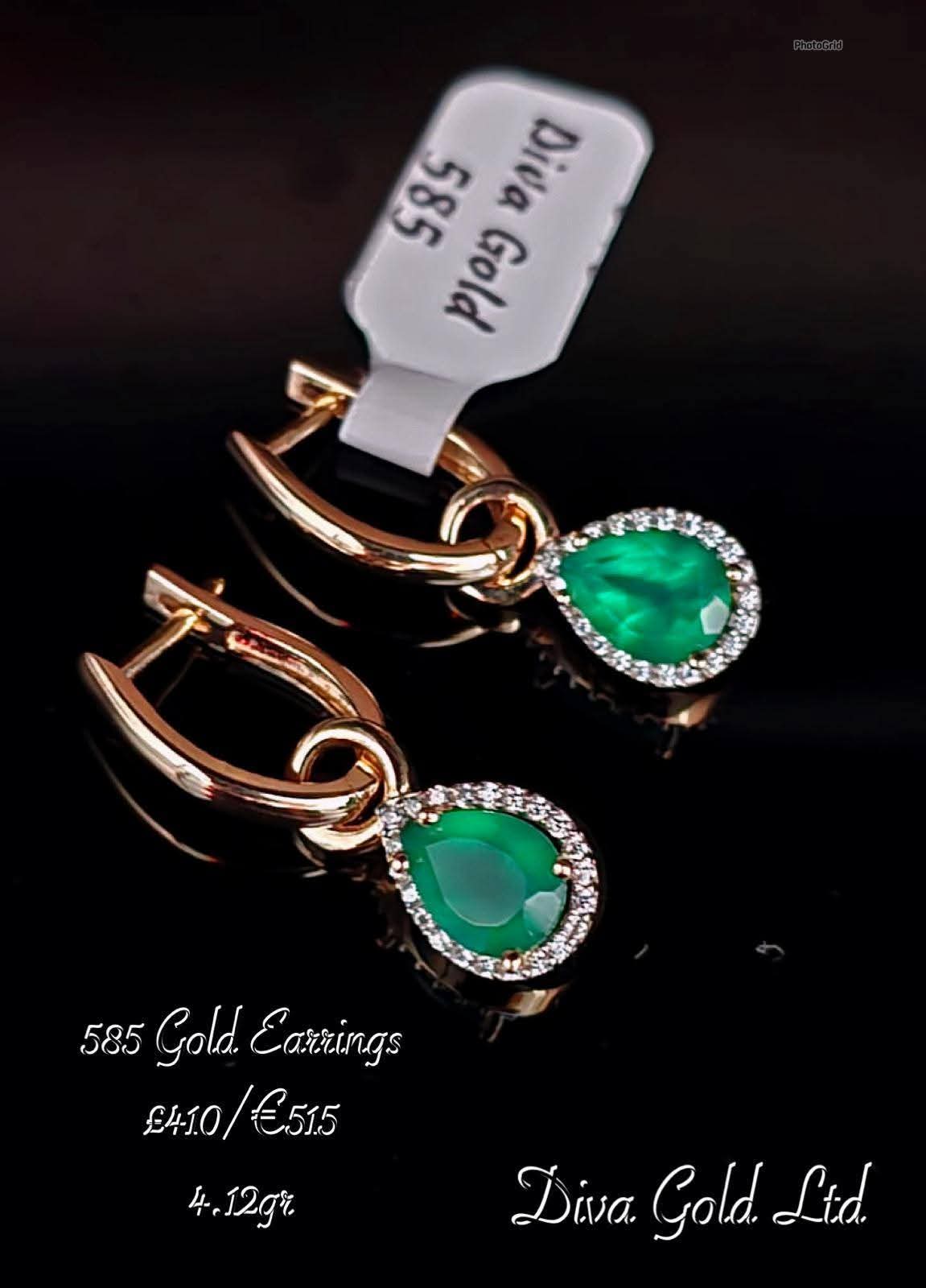 Gold 585 earrings with white & green zircon stones.