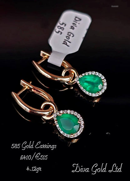 Gold 585 earrings with white & green zircon stones.