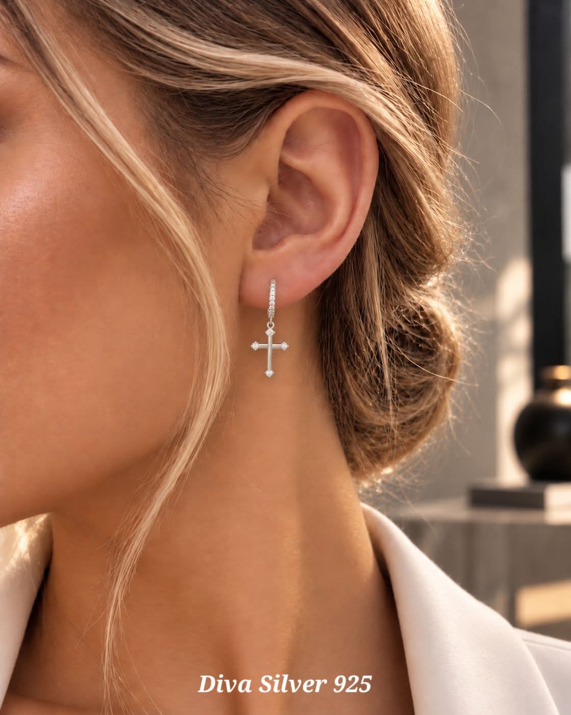 Sterling Silver Cross Women Earrings
