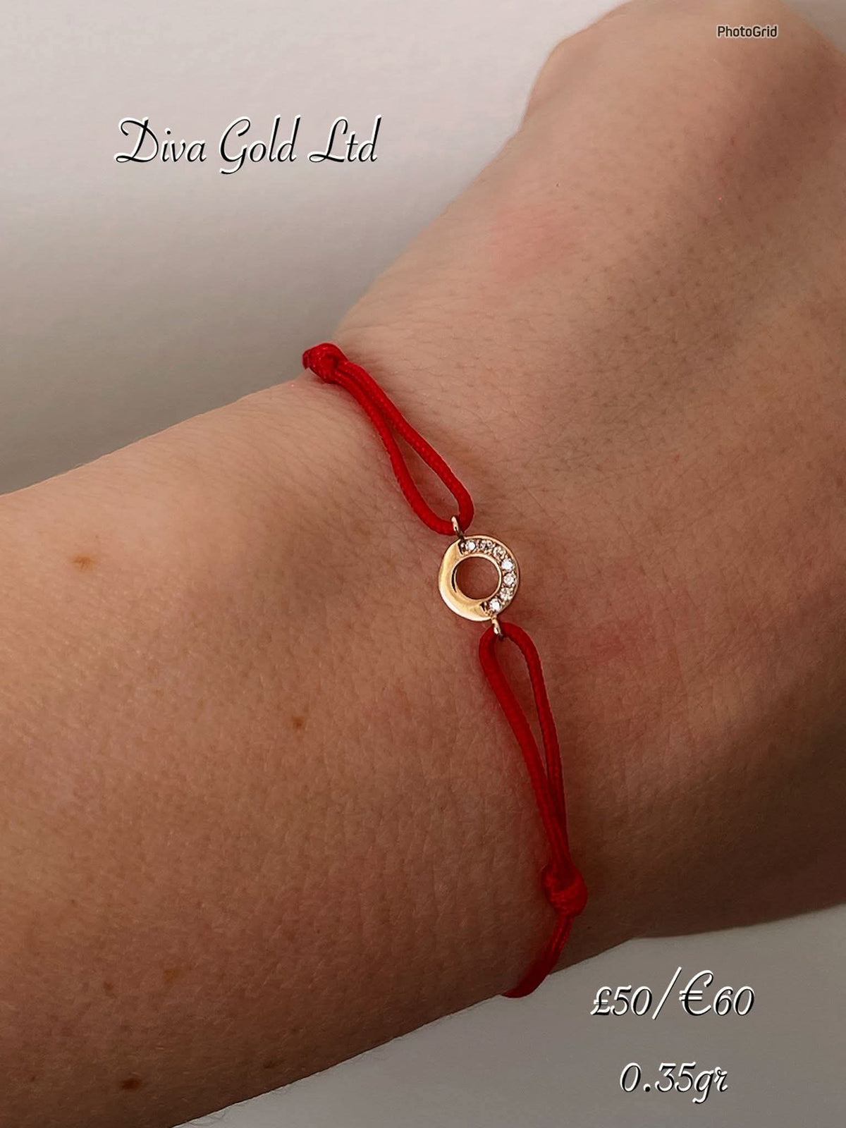 Red thread bracelet with 585 gold details. 0.35gram