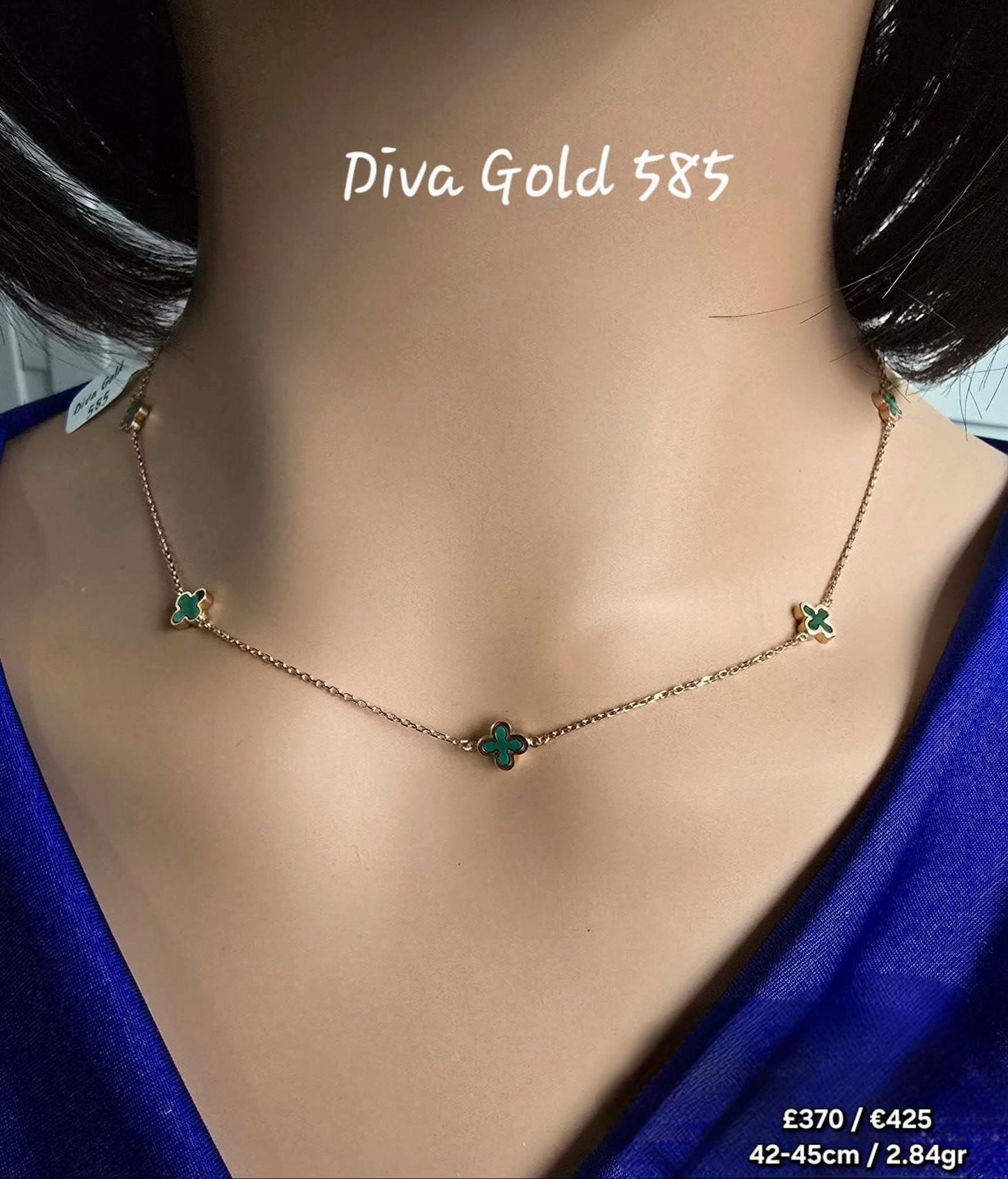 Gold Chain with green clovers pendants. 42-45cm