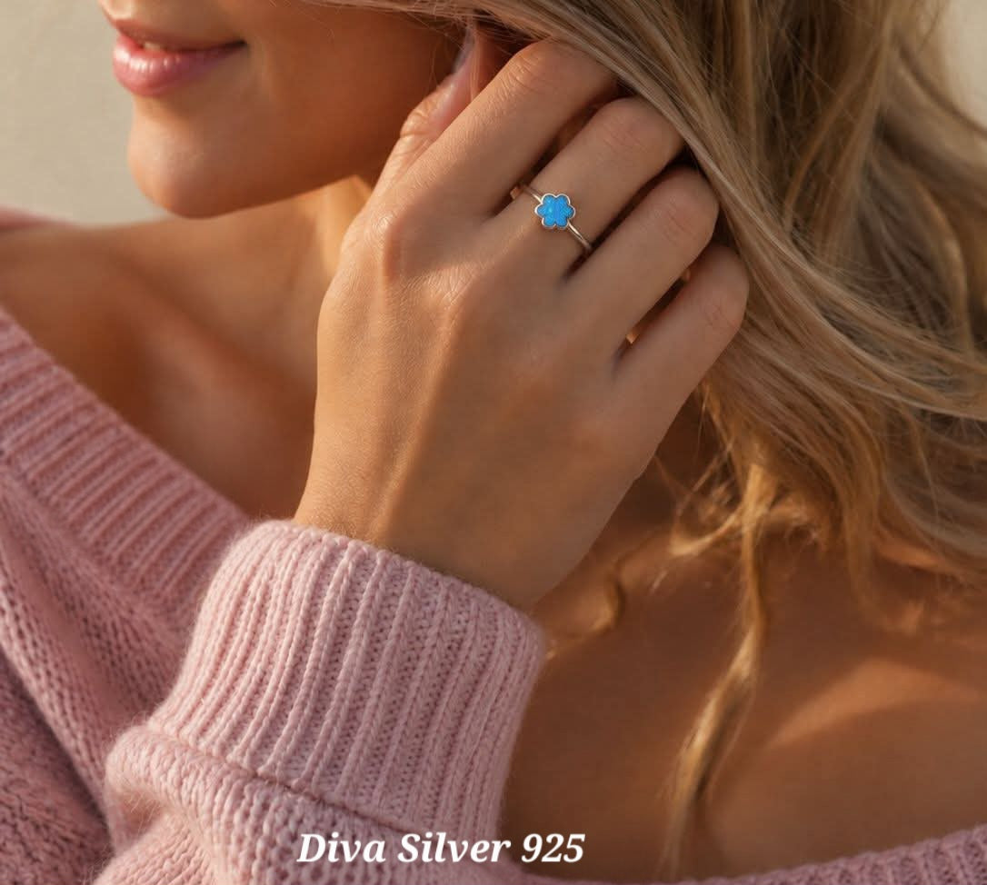 Sterling Silver Blue Opal Flower Ring